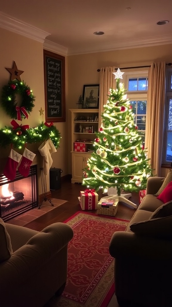 Christmas Background Video Wallpapers A festive living room decorated for Christmas with a tree and fireplace.